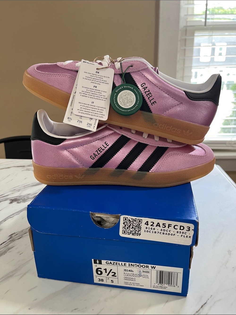 adidas Gazelle Indoor womans Sneakers in Purple with Black Stripes and Gum Sole